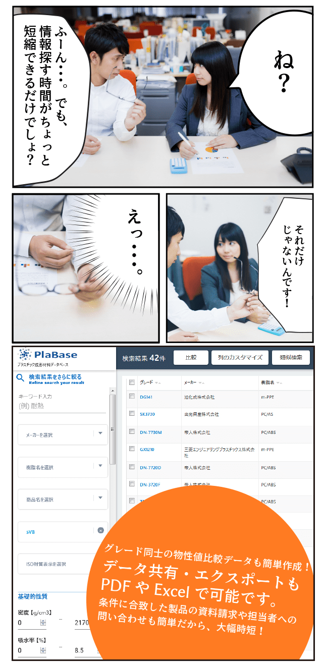 先輩「ふーん。でも、情報探せる時間がちょっと短縮できるだけでしょ？」後輩「それだけじゃないんです！」先輩「えっ･･･。」グレード同士の物性地比較データも簡単作成、データ共有・エクスポートもPDFやExcelでできちゃいます。